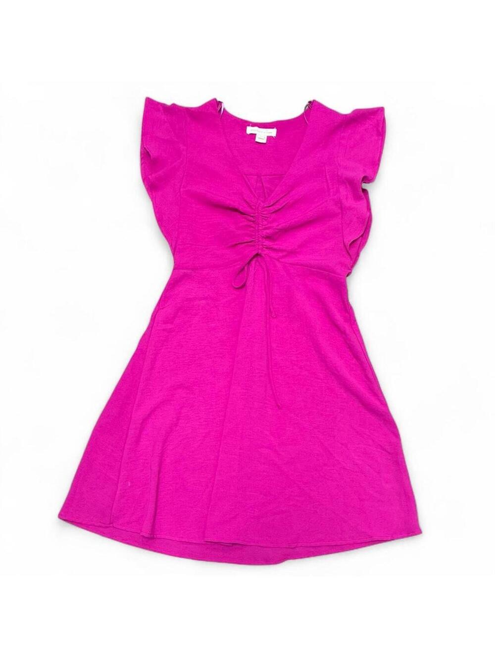 Hot pink mini dress Monteau Los Angeles medium ruched front tie Y2K